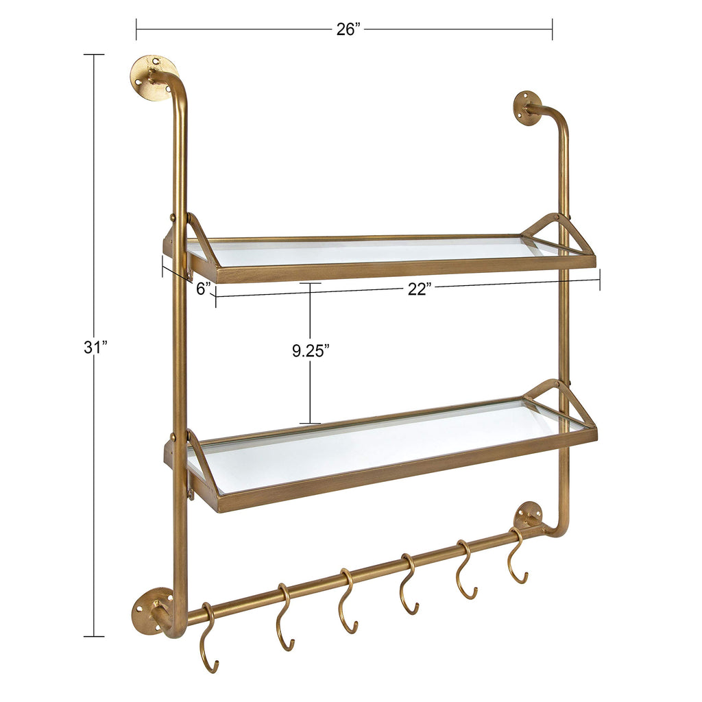 Marit Modern Industrial Wall Shelf with Metal Pipe Supports and Glass Shelves, Gold