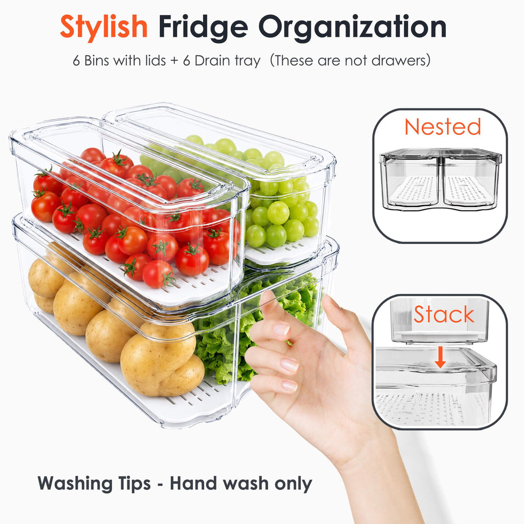 6 Pack Clear Fridge Organizer Bins with Drain Trays - Stackable