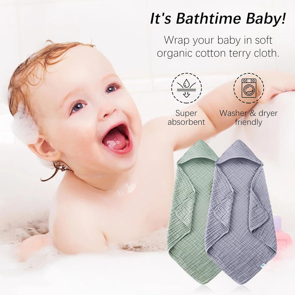 Muslin Hooded Baby Bath Towels - 2 Pack 100% Cotton Towel for Babies, Infants, Toddlers - 32x32Inch - Highly