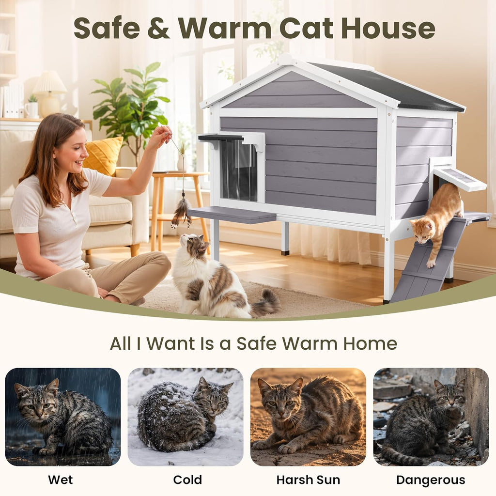 Outdoor Cat House with Insulated Liner, Winter Warm Cat Shelter