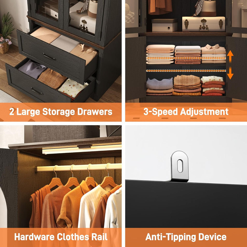 Tall Farmhouse 4 Doors Armoire Wardrobe Closet with LED ,72" Freestanding Arched Wardrobe Closet Cabinet w Glass