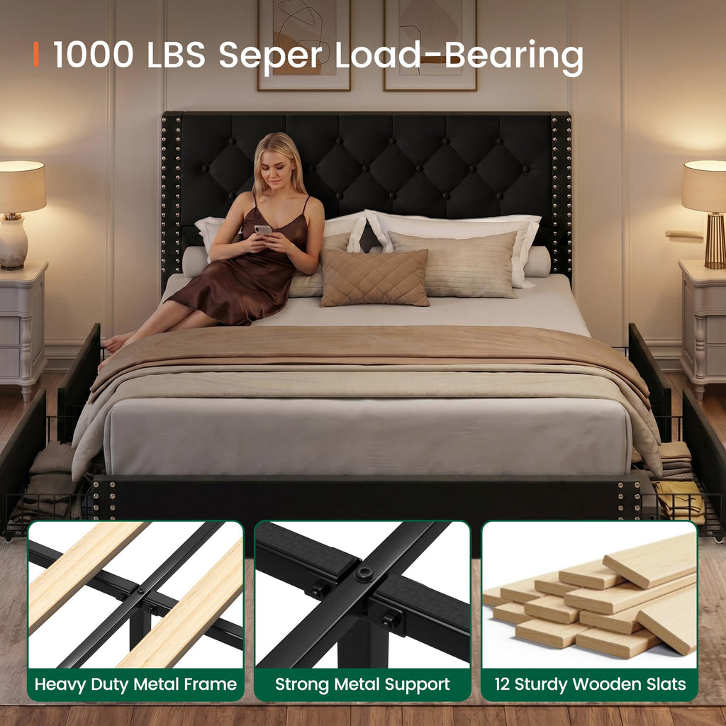 Queen Size Platform Bed Frame with 4 Storage Drawers and Tufted Headboard Upholstered Bed Frame with Heavy Duty Wood