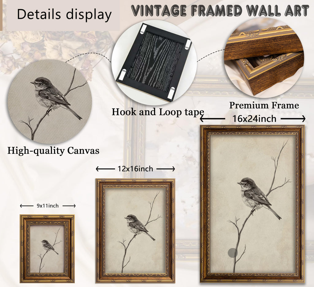 Vintage Gold Framed Bird Wall Art, Rustic Farmhouse animal poster