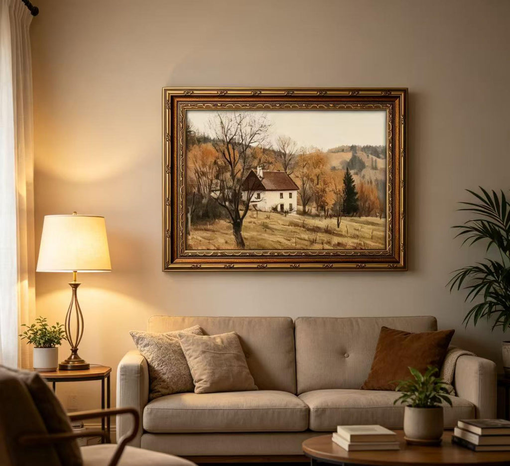 Vintage Gold Framed Autumn Country Cottage Wall Art, Rustic Farmhouse Landscape Canvas Prints, Retro Fall Cabin