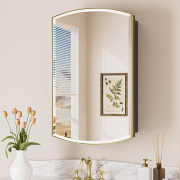 Gold Medicine Cabinet Mirror 16" x 26", Metal Framed | Adjustable Shelves, Different Curved Frame Design, Wall Mirror