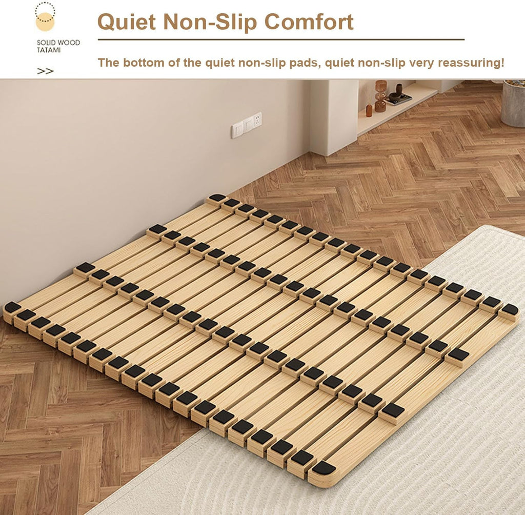 Floor Mattress Natural Solid Wood Bed Frame, Guest Tatami Mat, Wooden Slatted Pallet Floor Bed, Roll-Up Slatted
