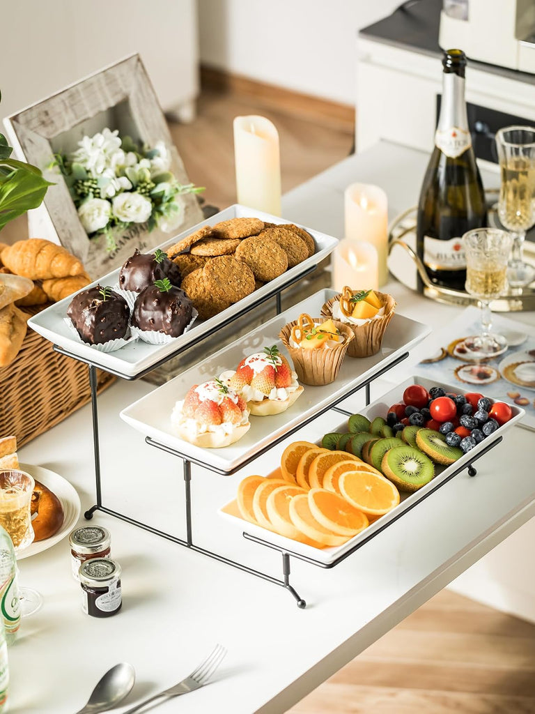 Tier Serving Stand Tiered Tray Stand with 3 Porcelain Serving Platters Trays for Dessert Server Display Collapsible - Set of 4