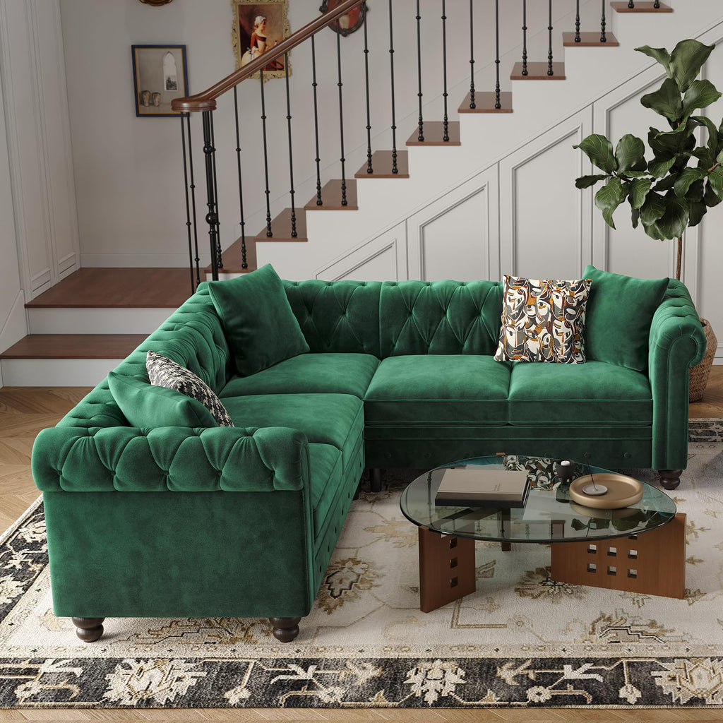 Velvet Chesterfield Sofa, L-Shaped Sectional Sofa with Tufted Back