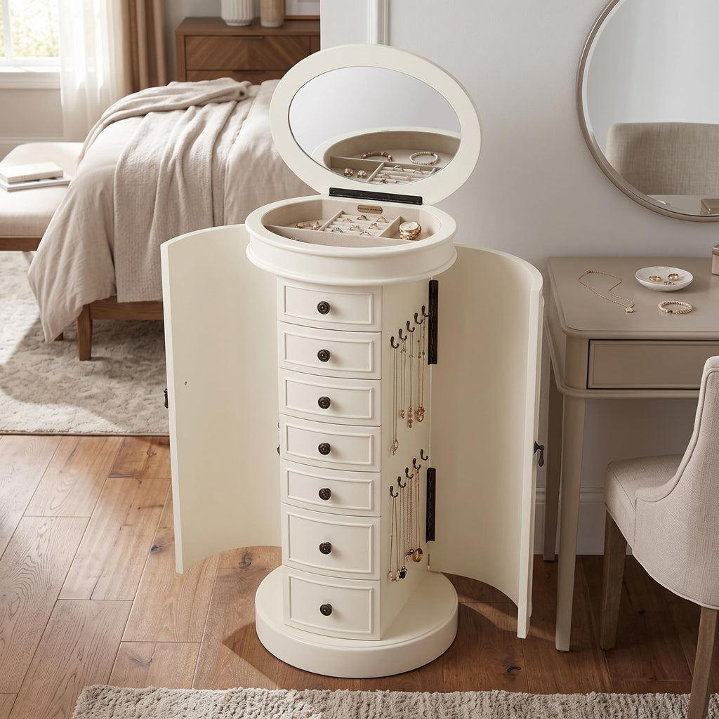 Bailey Oval Standing Jewelry Armoire Cabinet, Jewelry Storage Organizer with Mirror Lid, Side Doors, 7 Drawers