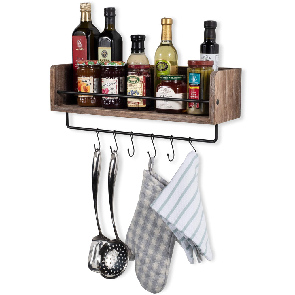 William Wall Mount Floating Shelf with Rail and Hooks | Farmhouse Design 20 Inch Torched Distressed Wood Vintage