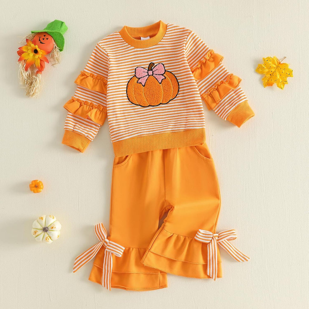 Toddler Baby Girl Valentines Day Outfit Heart Bow Print Ruffle Long Sleeve Sweatshirt Flare Pants 2pcs Clothes Set