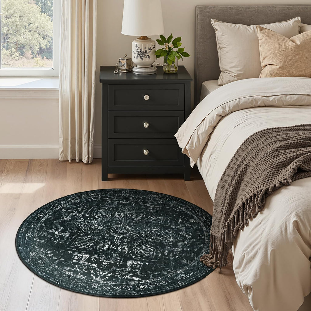 Black White Small Round Washable Rug 4ft Entryway, Kitchen Bathroom Thin Circle Rug 4 Feet Non Slip, Contemporary