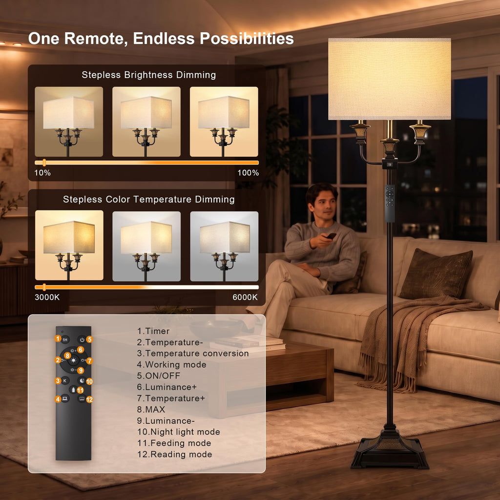 Dual Head Floor Lamp with Remote, Antique Brown
