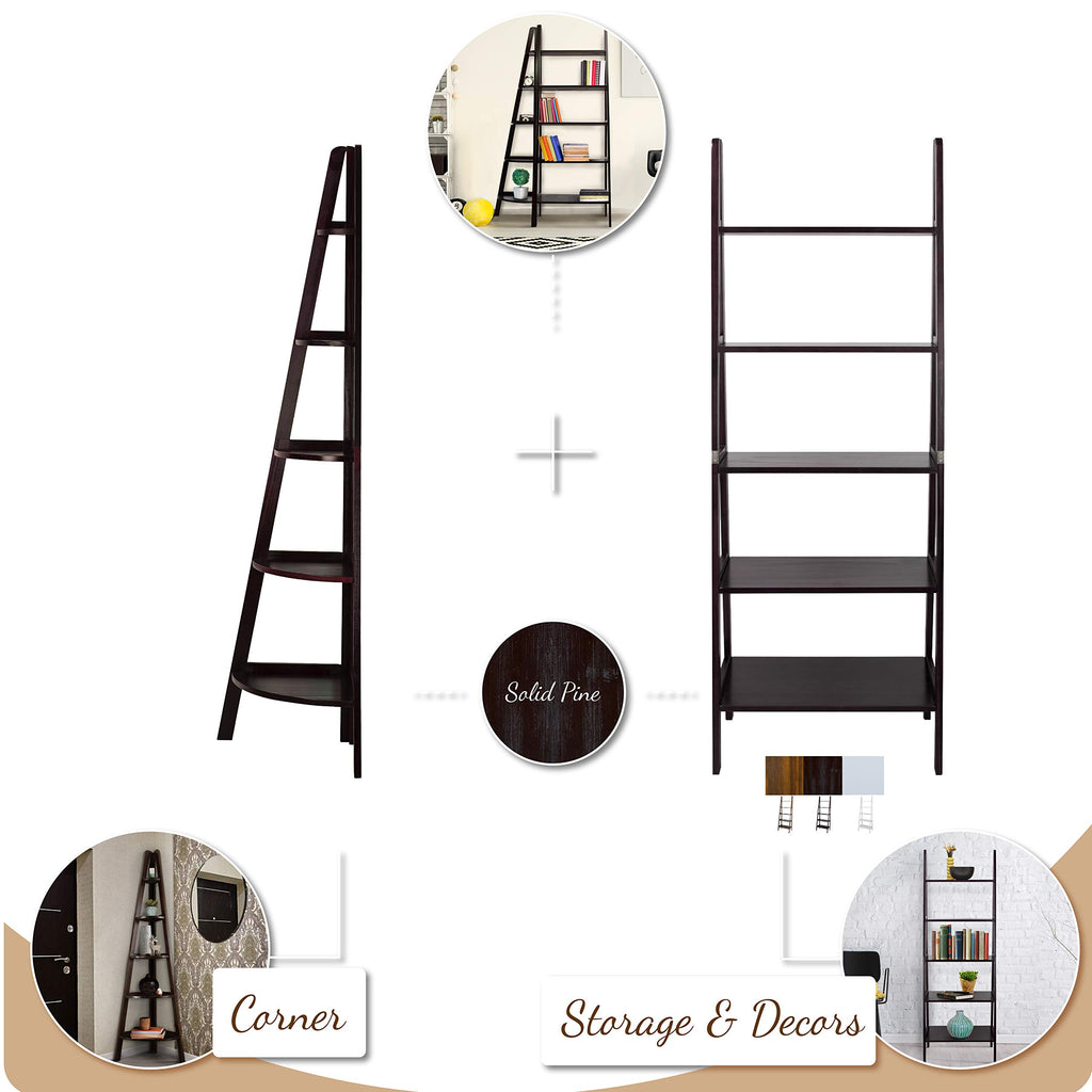 100% Solid Wood 5-Shelf Ladder Bookcase, Standard, 72"H, Warm Brown