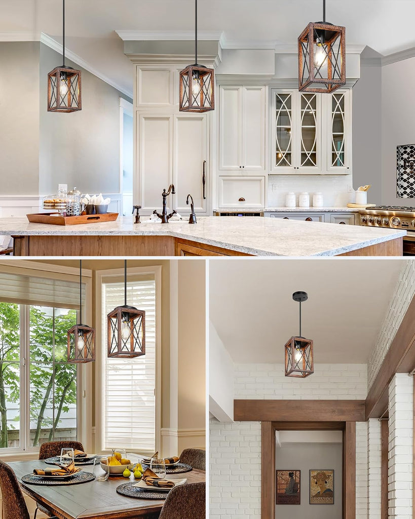 Farmhouse Pendant Light, Metal Hanging Light Fixture with Wooden Grain Finish, 48 Inch Adjustable Pipes for Flat and