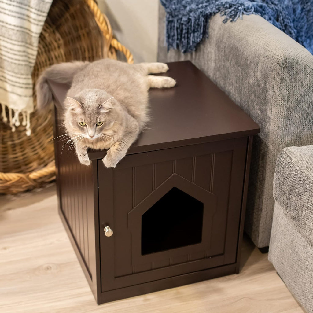Cat Litter Box Furniture Enclosure - Hidden Kitty Litter Cat House with Hinged Door, Nightstand, Side Table & Pet