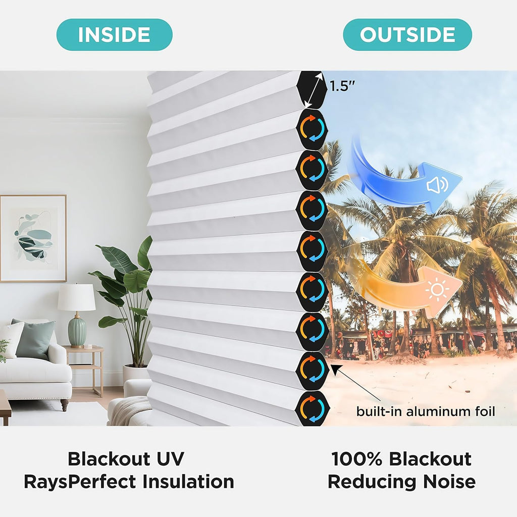 No Tools No Drill Window Blinds for Indoor Windows, Blackout Shades Cellular Shades Cordless, No Drill Blinds for