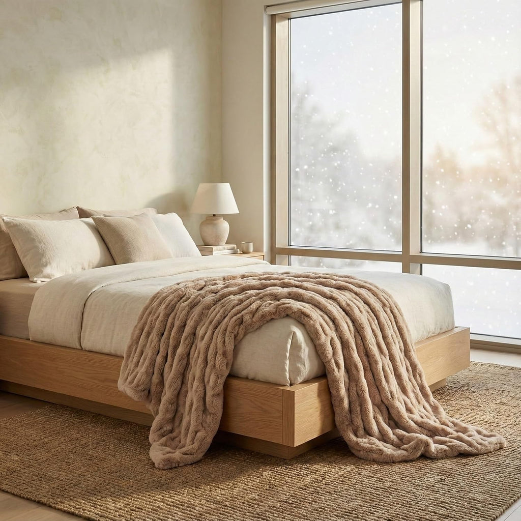 Faux Rabbit Fur Throw Blanket - 50" x 60", Elegant Ruched Design Blanket, Machine Washable and Wrinkle Resistant