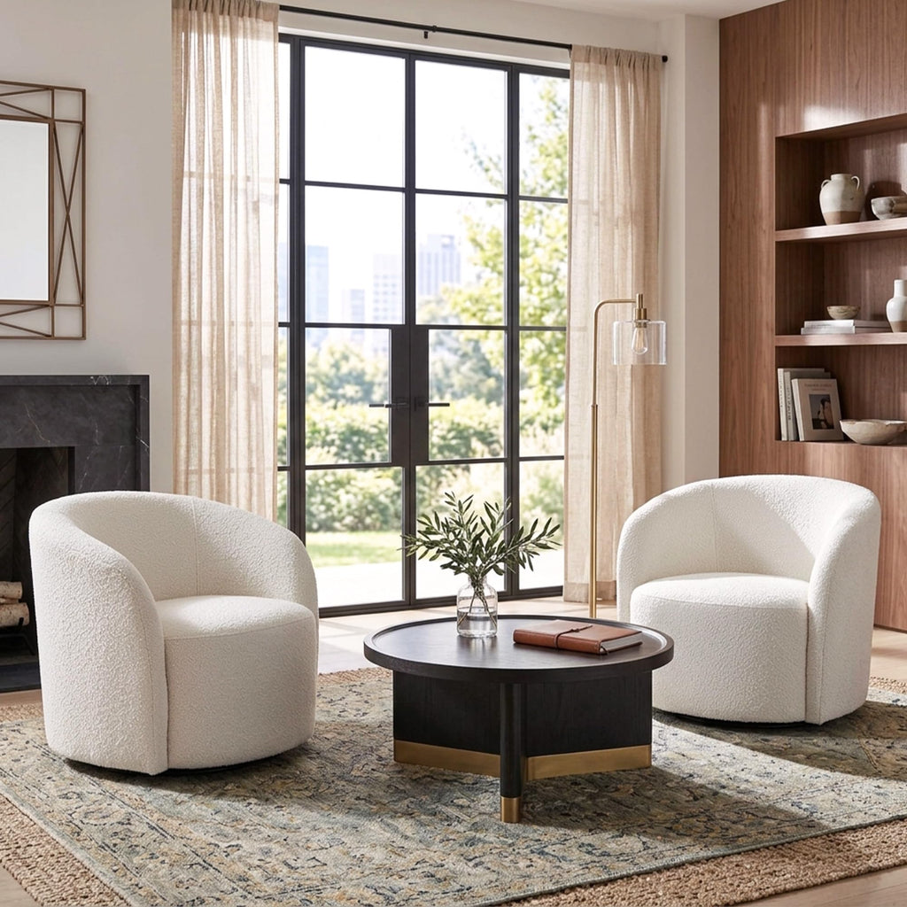 34" W No Assembly Boucle Swivel Barrel Chairs Set of 2, Cream