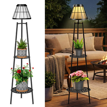 2-Tier Solar Plant Stand with Light, Modern Outdoor Floor Lamp with Classic Grid Lantern, Waterproof Tall Metal