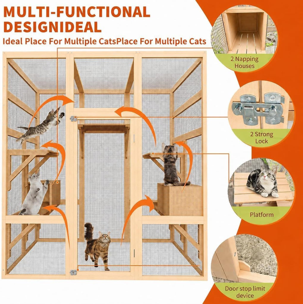 70" Walk-in Wooden Catio, Outdoor Cat Enclosure with Window Access, Natural