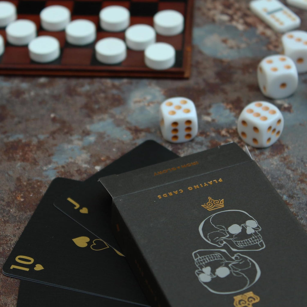 Iron & Glory Games Night | Wooden Games Compendium with Dice Set, Playing Cards, Dominoes Set & Checkers | 4 in 1