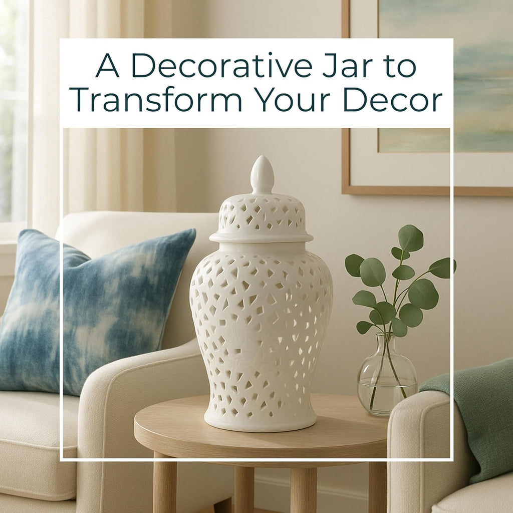 Pierced Lattice Ginger Jar with Lid - Hand-Painted Stoneware Ceramic Decorative Vase Decor - Modern Centerpiece