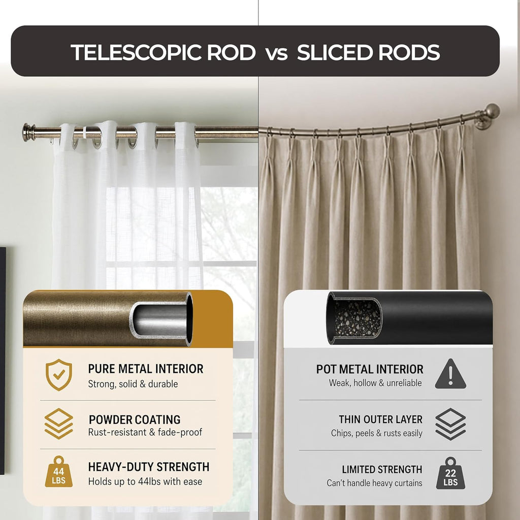 Curtain Rods for Windows, 1 Inch Heavy Duty Extendable Metal Drapery Rod, Adjustable Curtain Rod