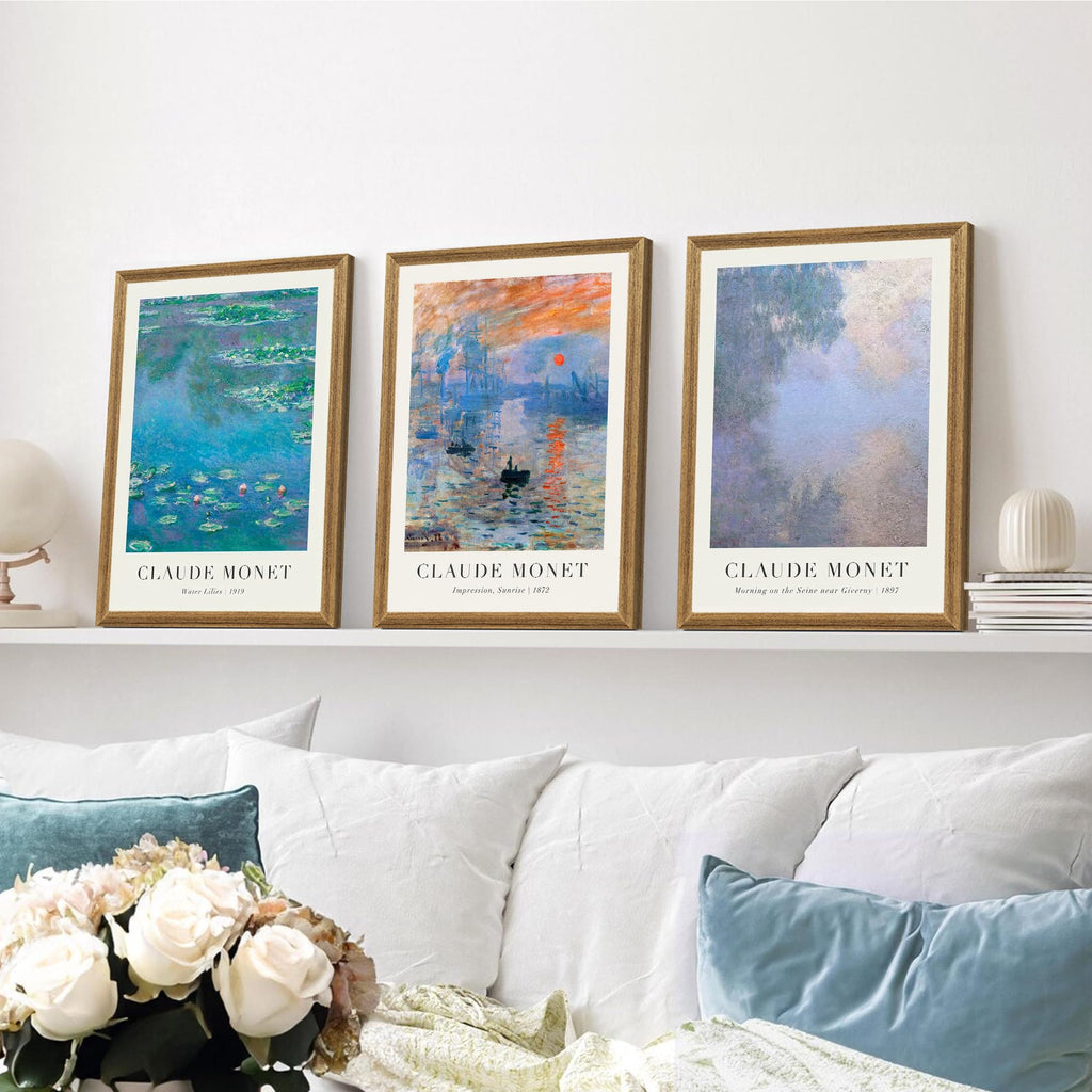 Triptych Framed Claude Monet Water Lilies Canvas Wall Art 16x24 in