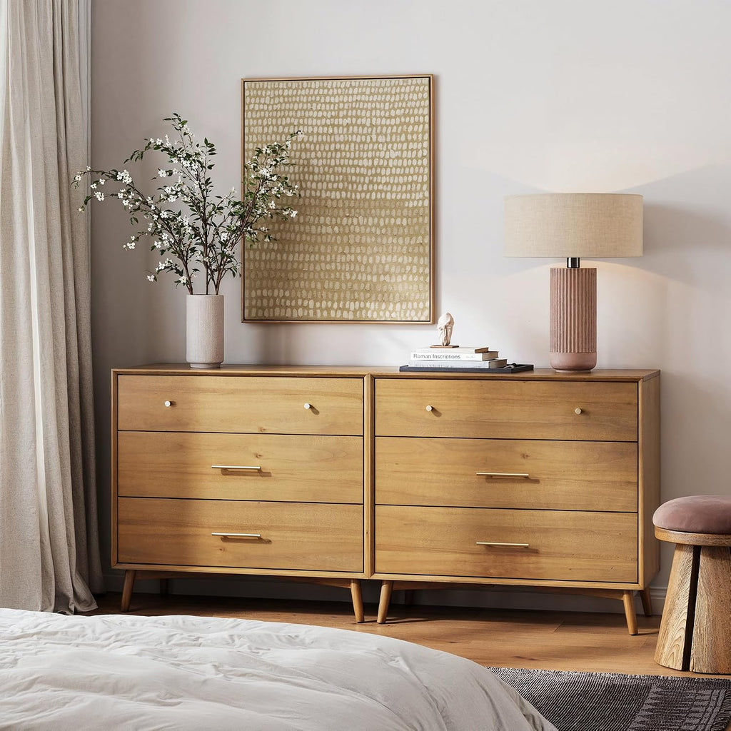 Harper Mid Century Modern Dresser, Solid Wood Dresser with 3 Drawers and Metal Drawer Pulls, Light Acacia