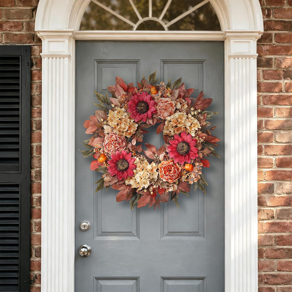 24"Fall Artificial Wreath with Sunflower Peony for Front Door Decor(Orange)