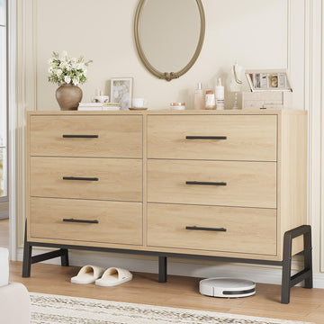 6 Dresser, 52 in Wide Drawer with Large Storage Space, Freestanding Wooden Closet Storage Dresser Chest, Natural Oak