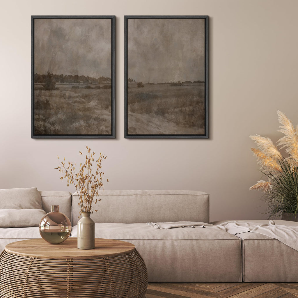 Framed Canvas Print Wall Art Neutral Rustic Countryside Landscape Vintage Field Path and Distant Trees Illustrations