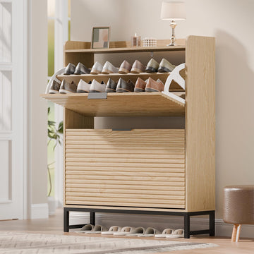 MU Shoe Storage Cabinet with 2 Flip Drawers, Freestanding Fluted Shoe Cabinet, Narrow Wood Shoe Cabinet, Hidden Shoe