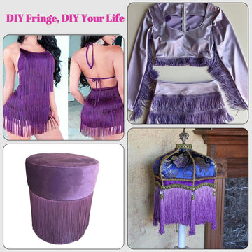 Purple Fringe, 5 Yards X 4 Inch Fringe Trim with B7000 Glue, Tassels Trim for Crafts, Polyester Fibre Sewing Fringe