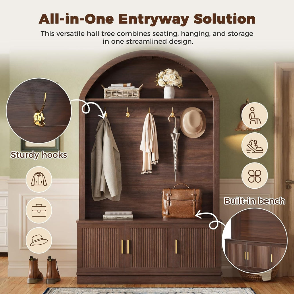 Farmhouse Arched Top Hall Tree with 5 Metal Hooks, All-in-One Mudroom Storage with Adjustable Shelves & Fluted Door