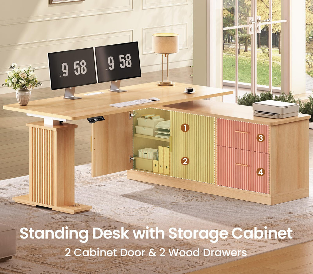 Fluted L Shaped Executive Electric Standing Desk with Drawers
