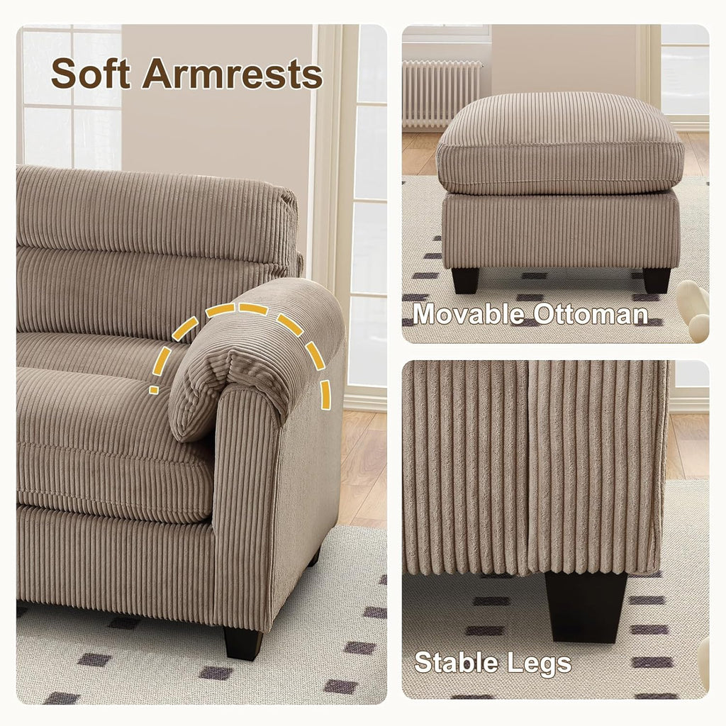 115" Modular Sectional Sofa Couch with Movable Ottoman, Oversized Corduroy U Shaped Sectional Couches with Rolled
