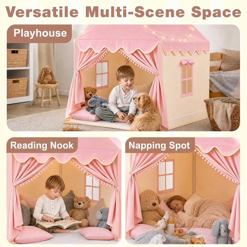 Large Kids Play Tent with Mat & Star Lights, Pink Princess Tent for Girl