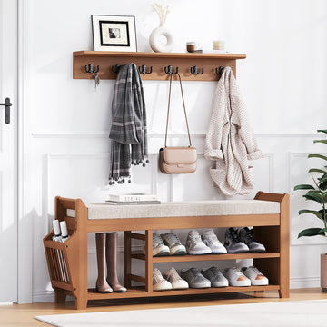 39.4" Shoe Bench with Coat Rack Hidden Drawer and Side Holder, 2 Tier Entryway Bench with Storage, Bamboo Shoe Rack
