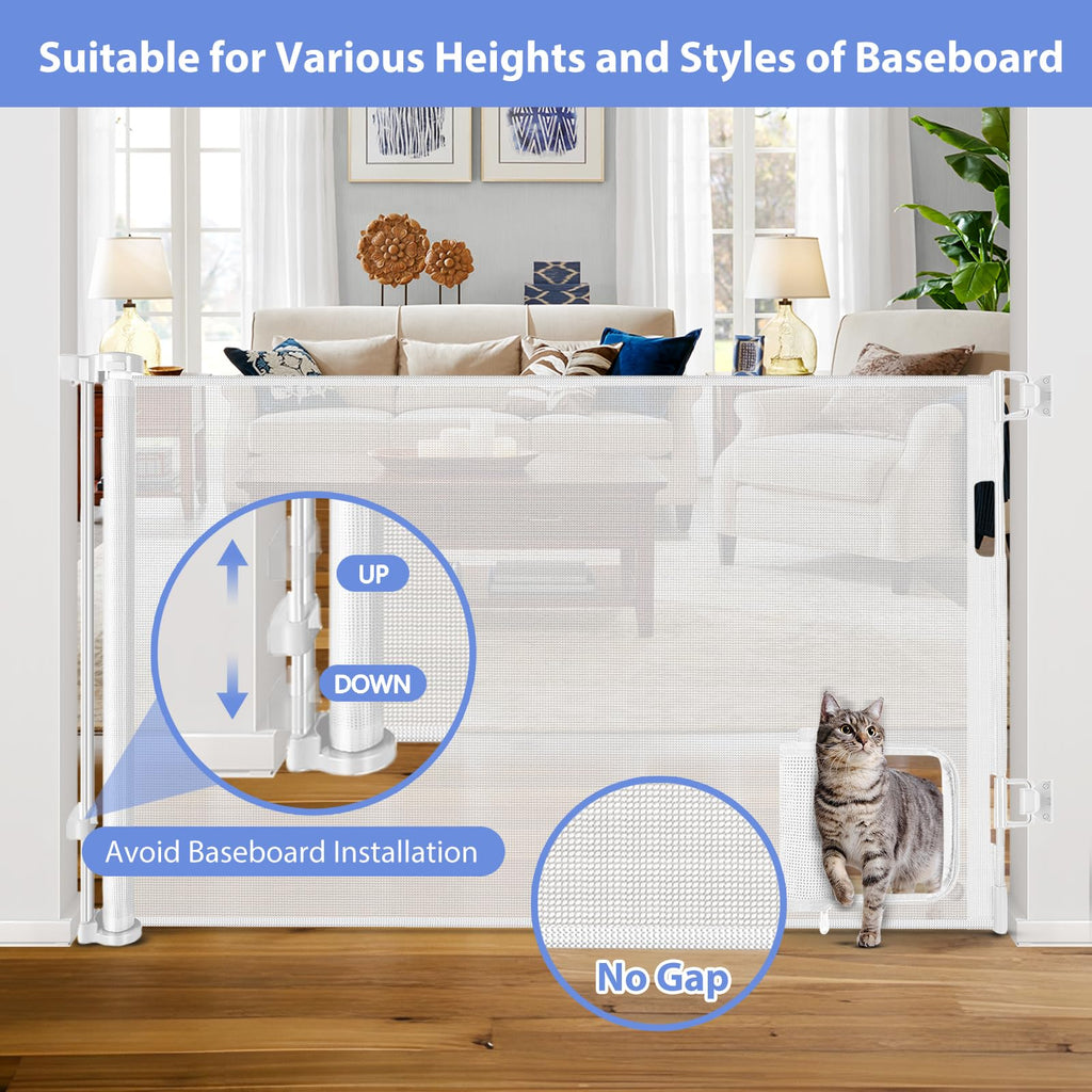 Retractable Baby Gate with Cat Door 55" Wide Retractable Baby Gate for Stairs Mesh Baby Gate with Pet Door