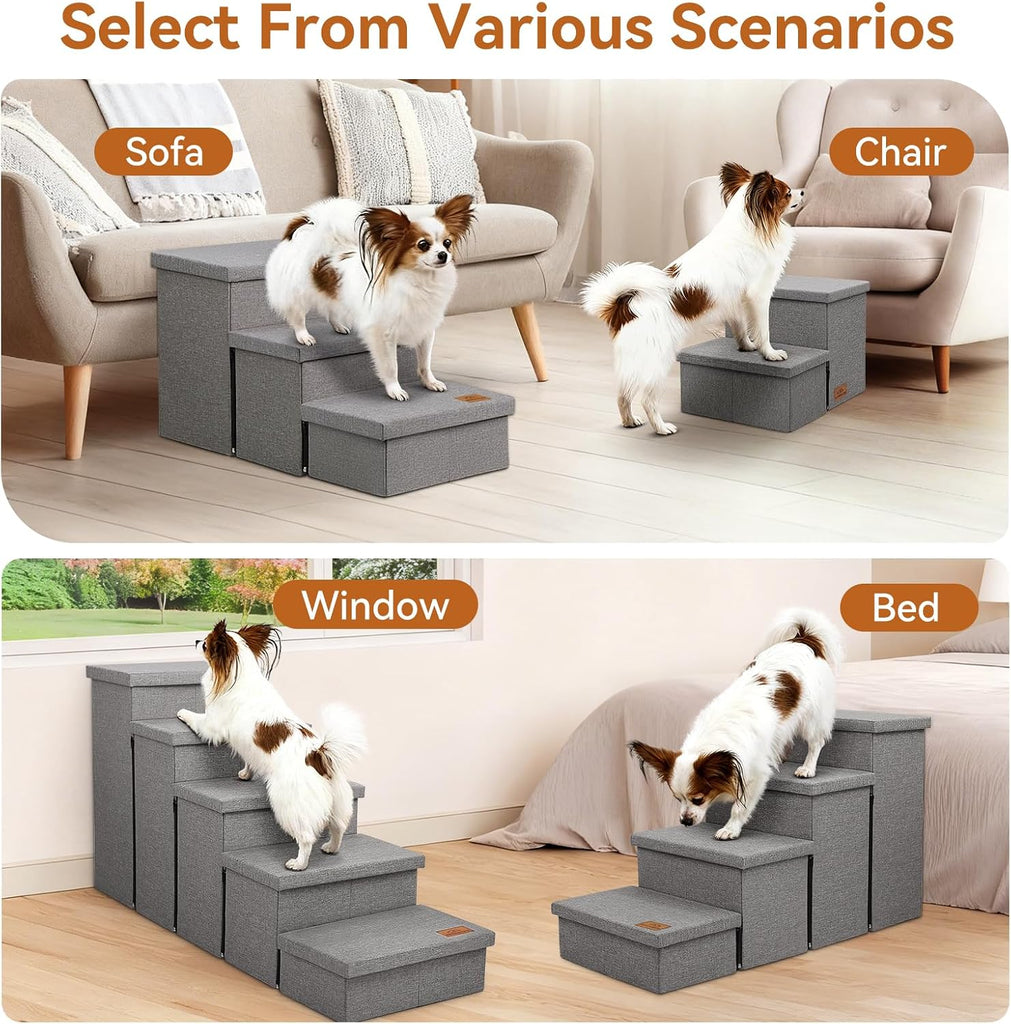 Dog Stairs with Storage, Grey 3 Steps Dog Ramp no Condo for Bed