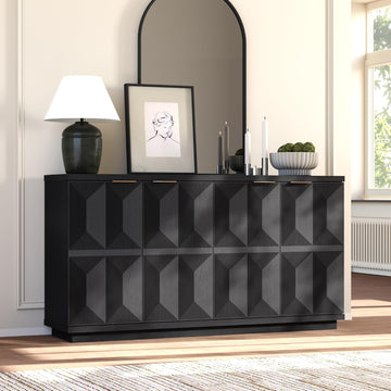 59" Black Sideboard Buffet Cabinet with Storage, Modern Credenza | 3D Geometric Pattern Doors, Adjustable Shelves