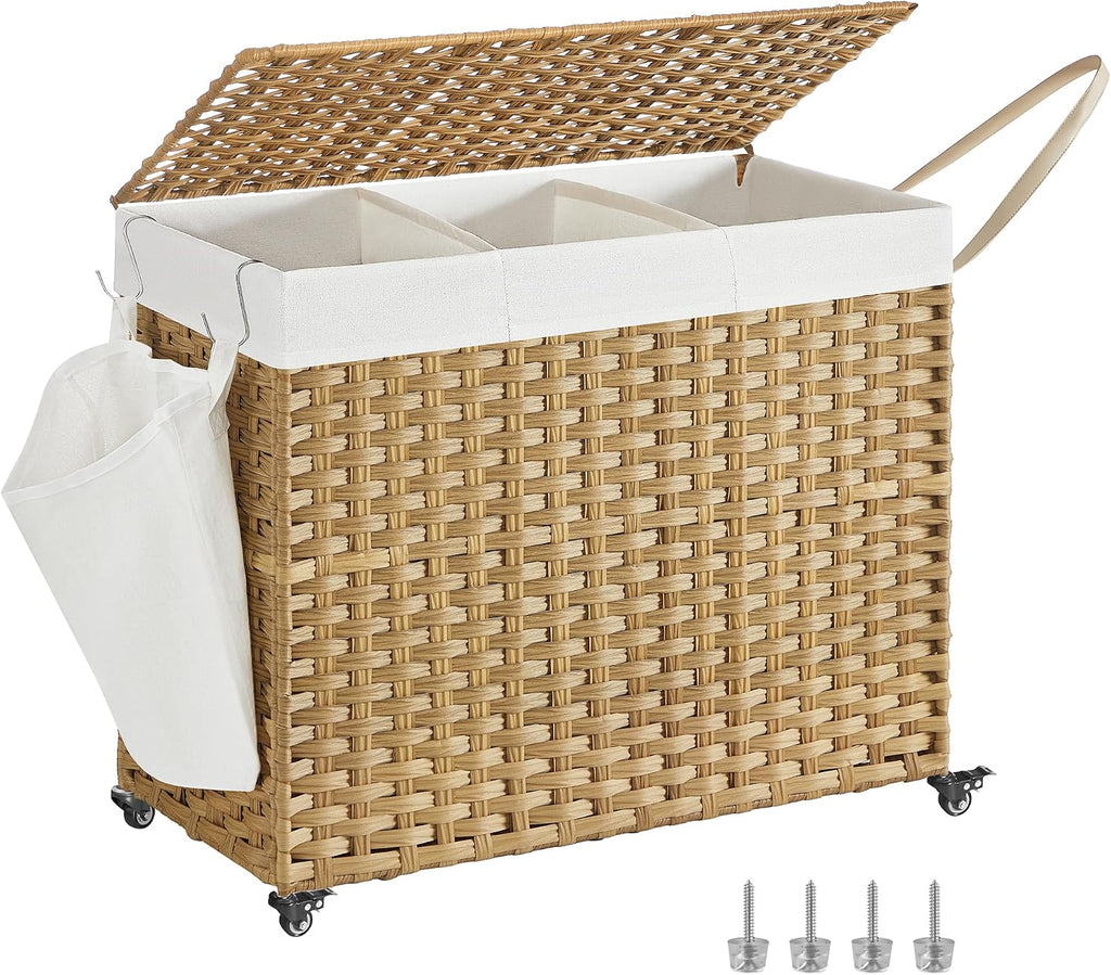Laundry Hamper with Lid, 42.3 Gallons (160 L), Rolling Laundry Basket with Wheels, 3-Section Synthetic Rattan