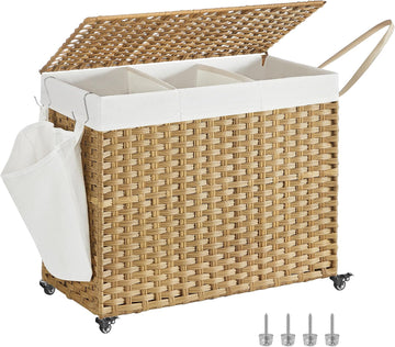 Laundry Hamper with Lid, 42.3 Gallons (160 L), Rolling Laundry Basket with Wheels, 3-Section Synthetic Rattan