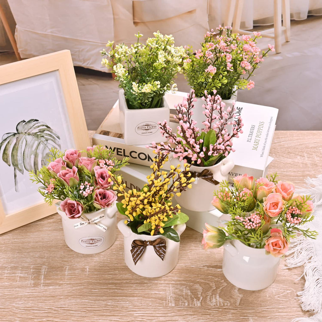 6Pcs Artificial Flowers with Ceramic Pot, Faux Flowers in Vase