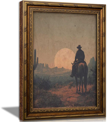 Vintage Gold Framed Western Wall art, Cowboy Riding Away Oil Painting Canvas Print, Cottagecore Country Cowboy and