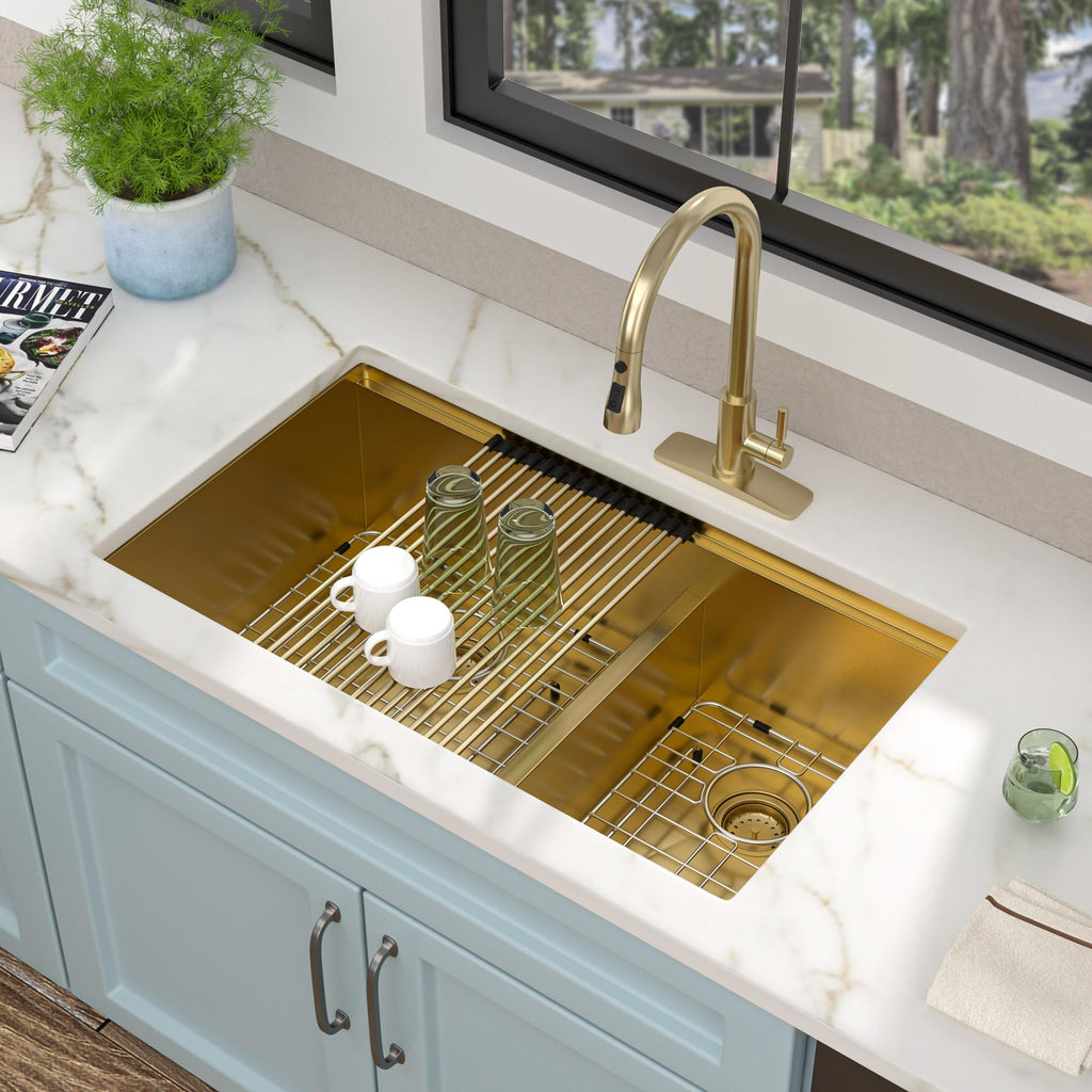 33"x19" Undermount Gold Double Bowl Kitchen Sink Workstation