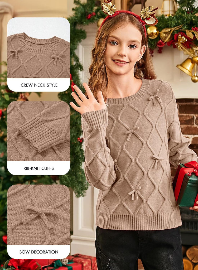 Girls Bow Knit Long Sleeve Pullover Sweater