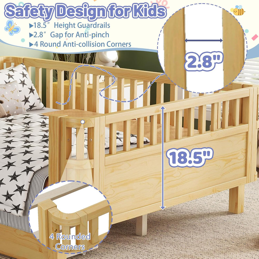 Bed Frame for Kids with Rails, Montessori Bed with Storage Drawers, Low Profile Platform Beds with Pine